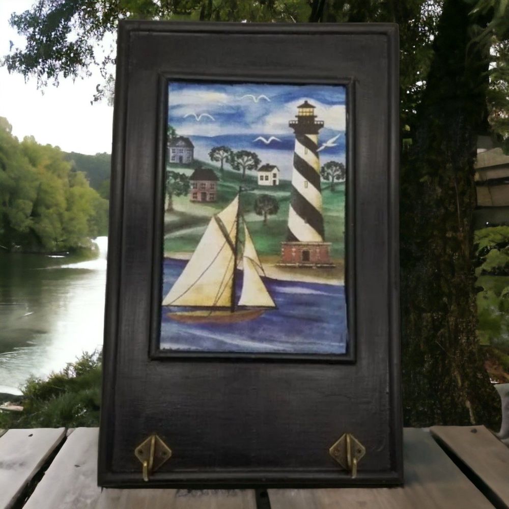 Lighthouse Wall Plaque Nautical Sign Black Wood Youngs Primitive Home Decor